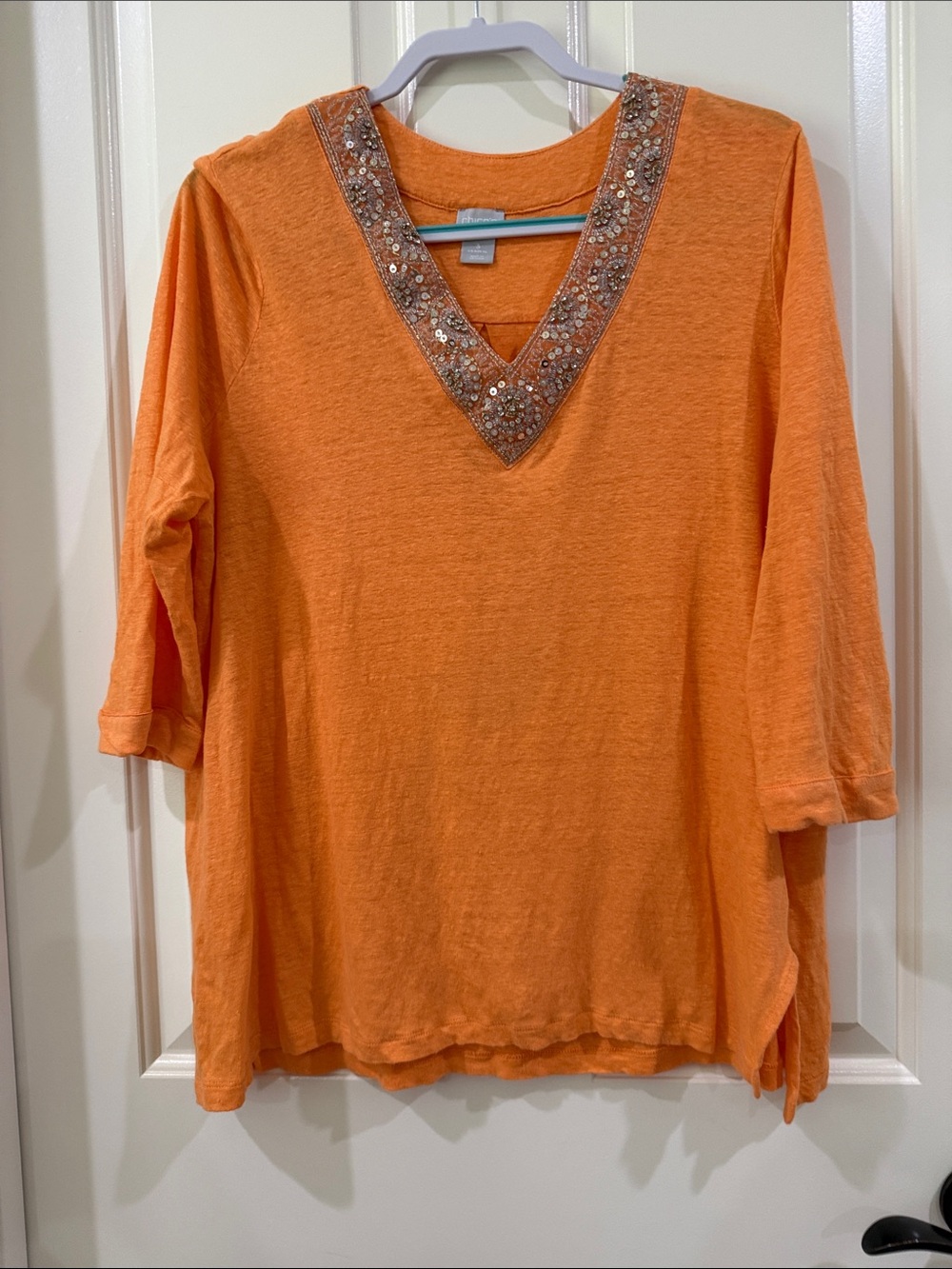 Chico's Orange V-Neck Sequin-Trim Tunic
